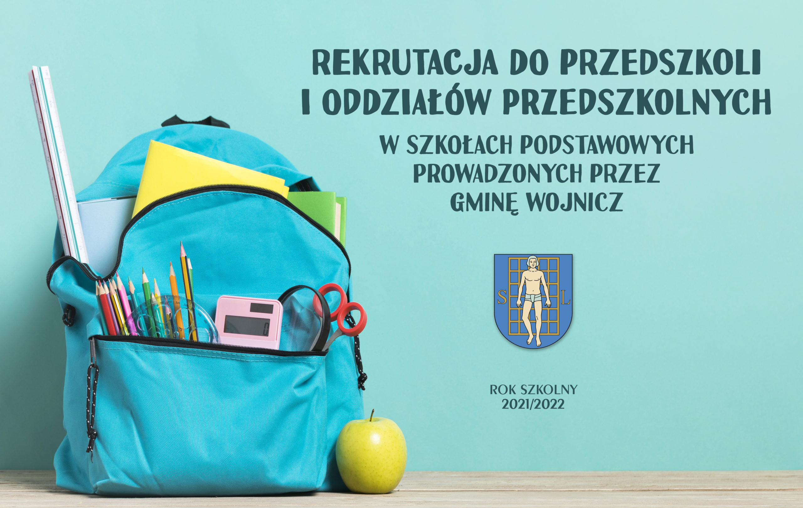 Grafika z plecakiem szkolnym oraz napise rekrutacja na nowy rok szkolny