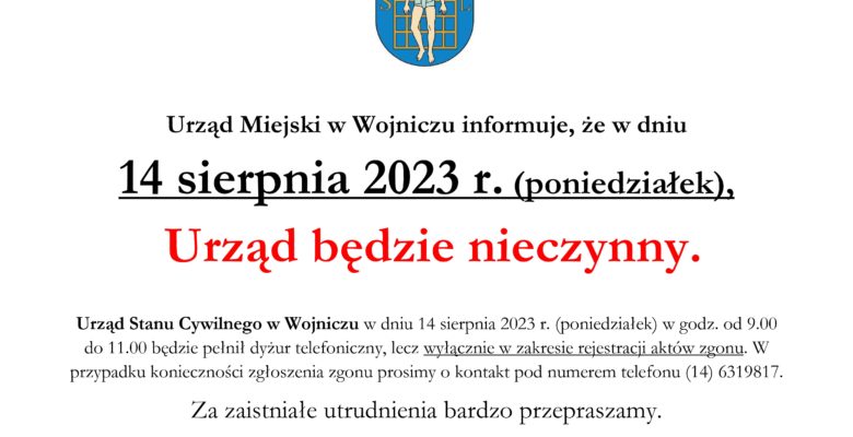 W poniedziałek Urząd Miejski będzie nieczynny