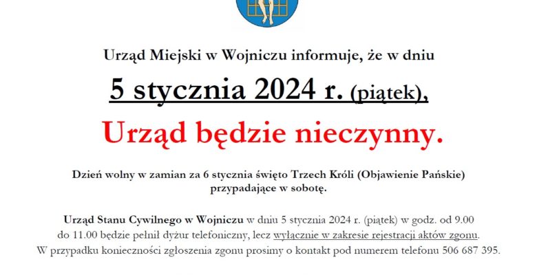 5 styczeń 2024 - Urząd będzie nieczynny