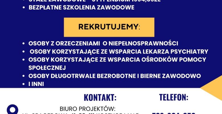 Rozpoczynamy rekrutację do projektu – proponujemy płatne staże i bezpłatne szkolenia